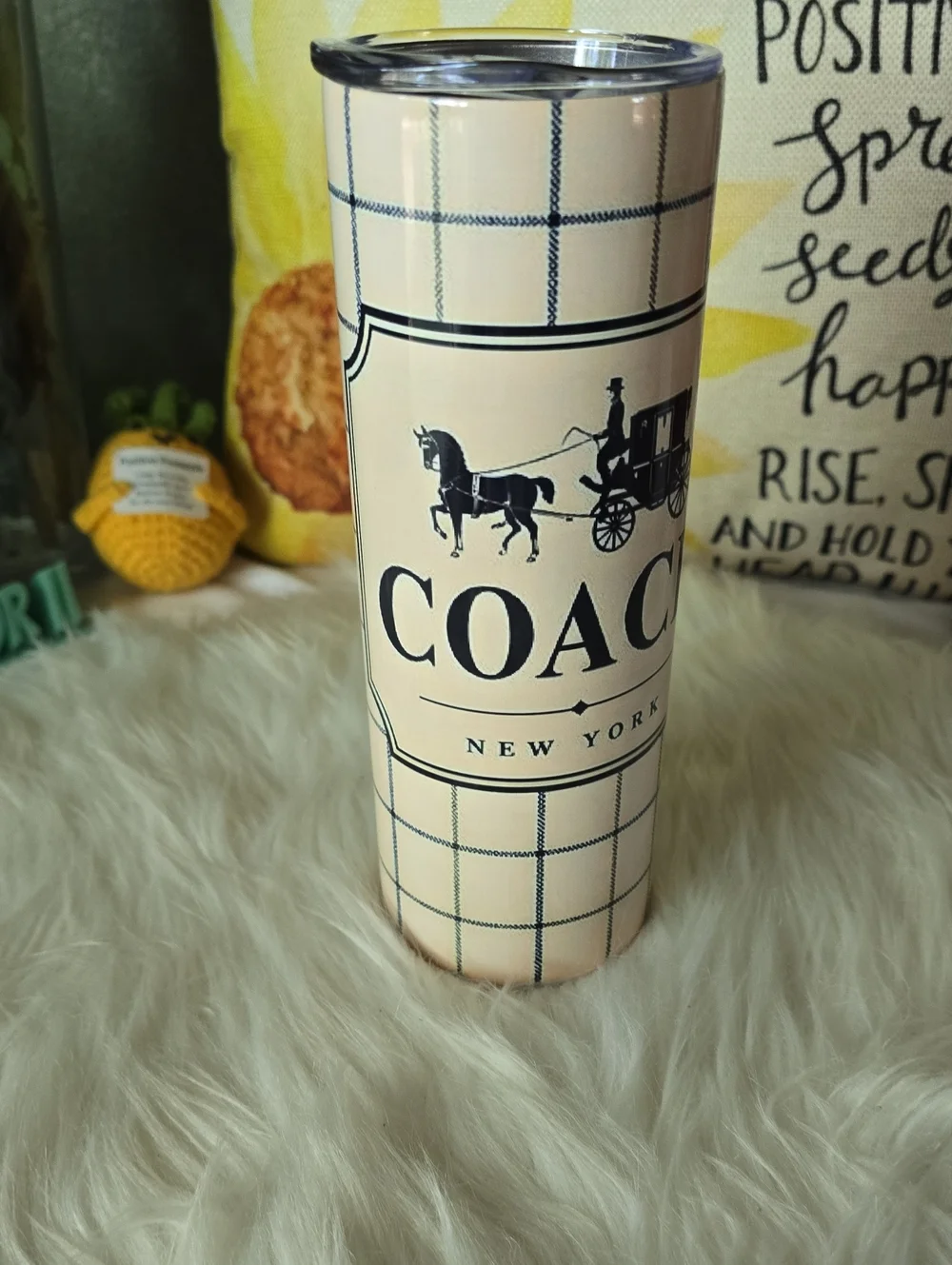Fashion  Cream and Navy Plaid Insulated Tumbler with Black Logo